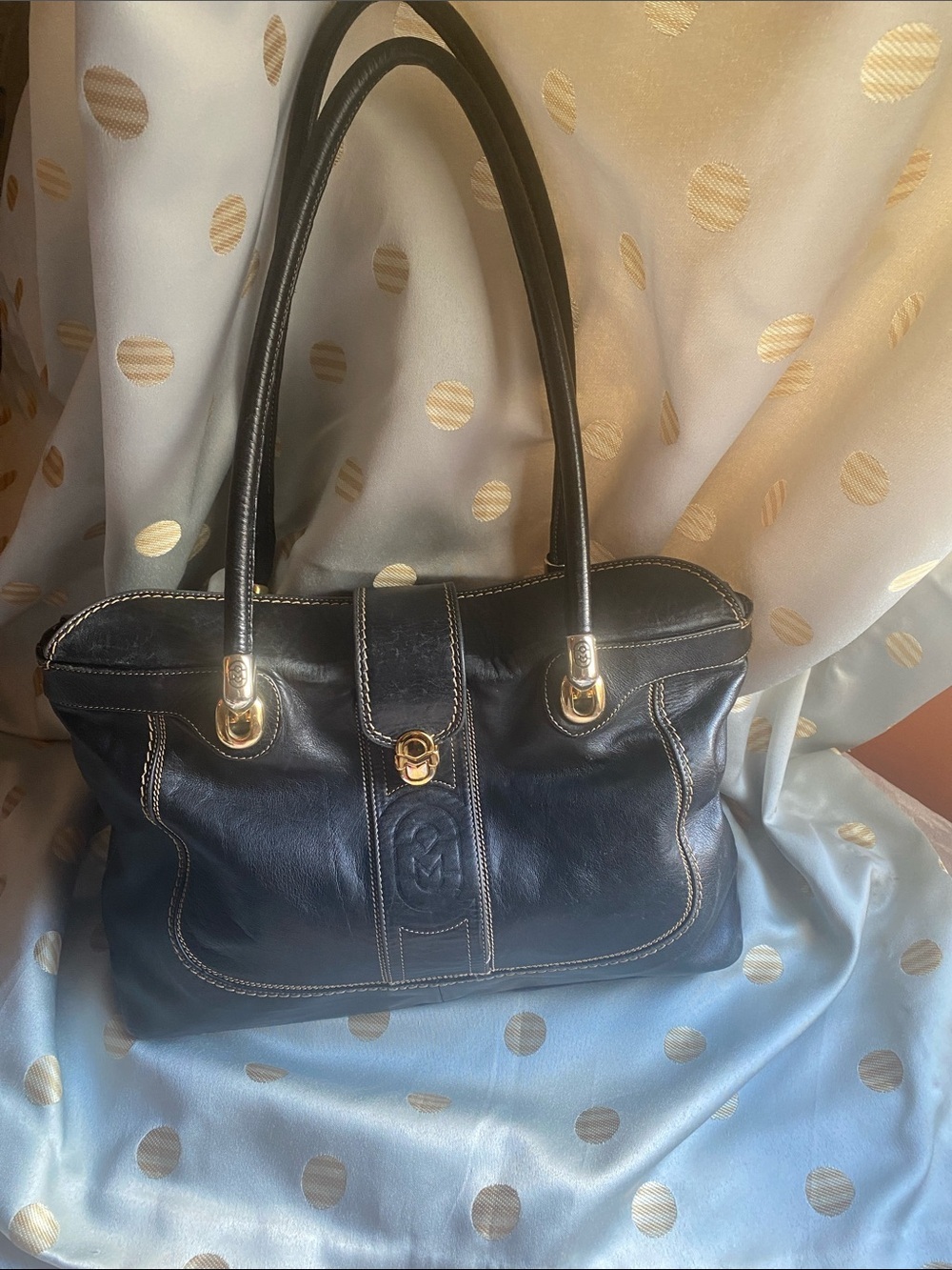 Vintage Marino Orlandi Black Leather Shoulder Bag with Gold-Tone Accents